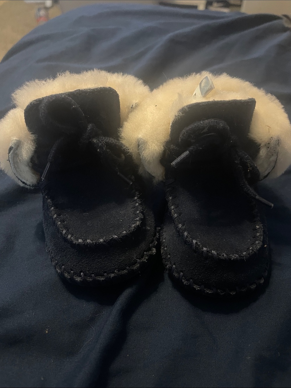 UGG Navy and Cream Shearling-Lined Kids Moccasins
